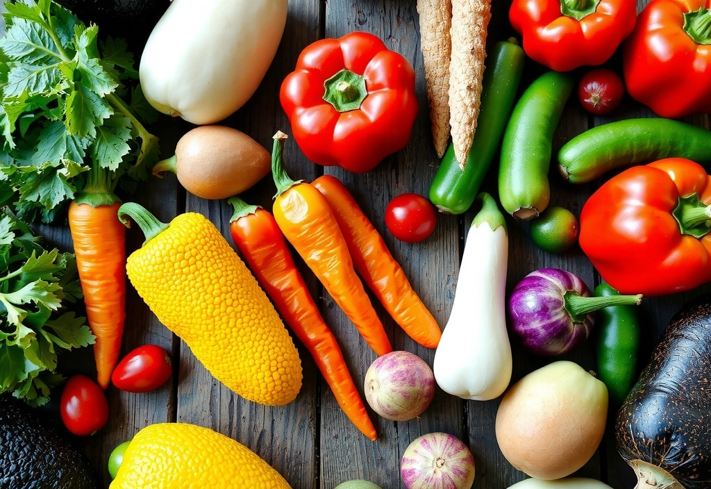 Zdjęcie przedstawiające świeże warzywa i owoce na stole